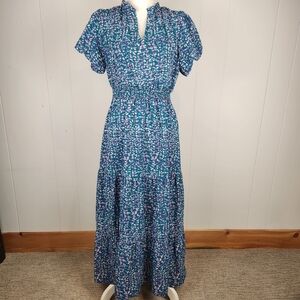 New Maxi Dress Prairie Tiered Dainty Floral Green Blue Puff Sleeve Cottagecore M